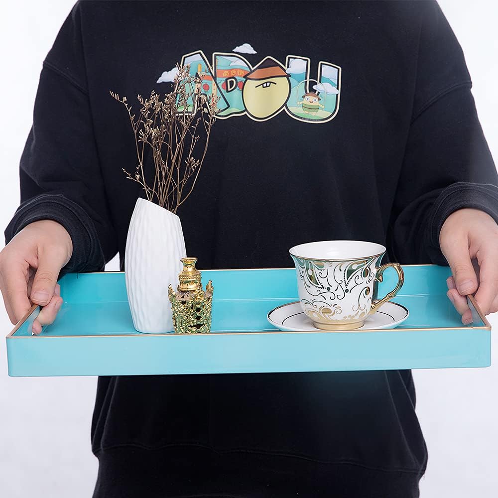 Light Blue Decorative Resin-Coated Serving Tray with Handles – Elegant Coffee Table Tray for Ottoman, Living Room & Home Décor