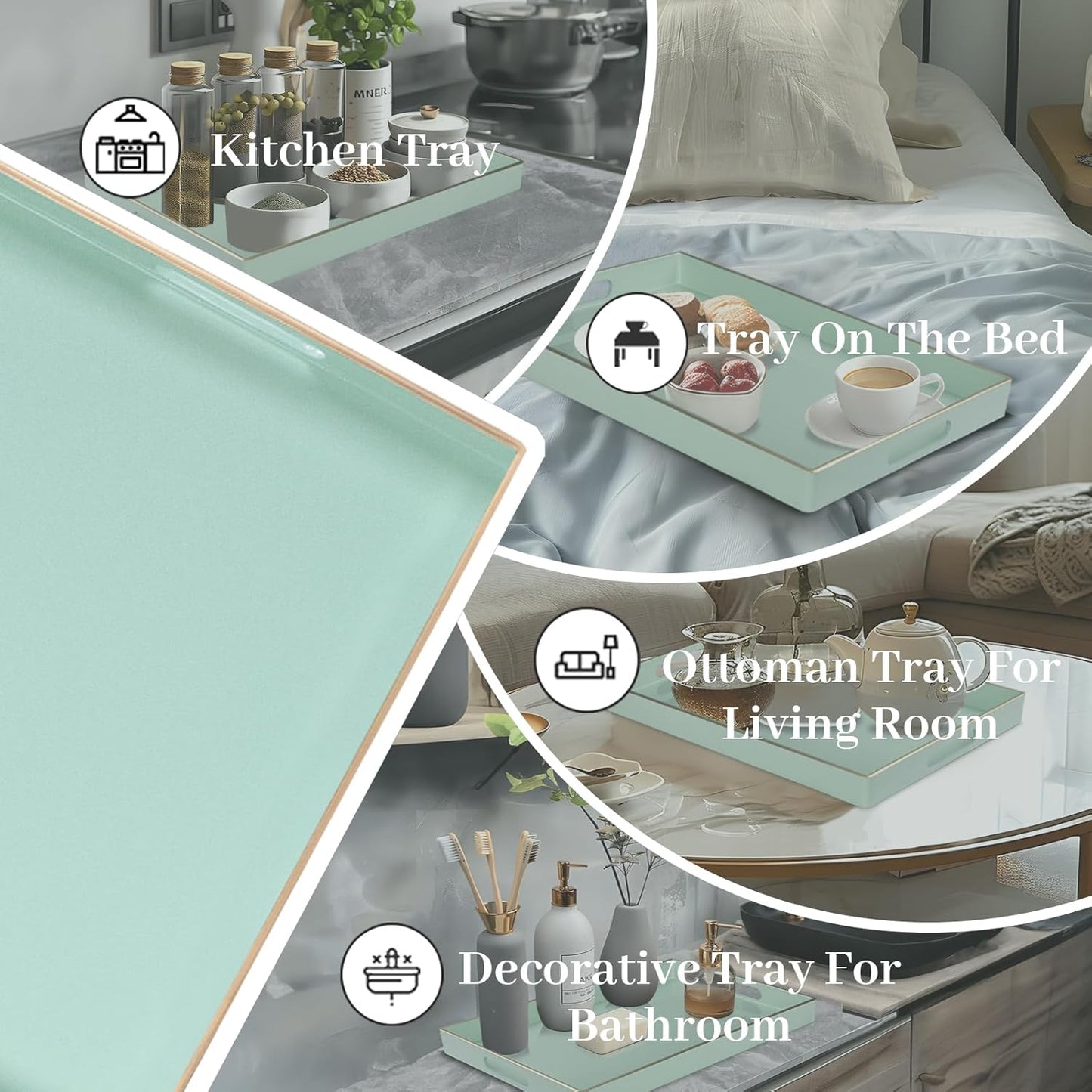 Mint Green Decorative Resin-Coated Serving Tray with Handles – Elegant Coffee Table Tray for Ottoman, Living Room & Home Décor