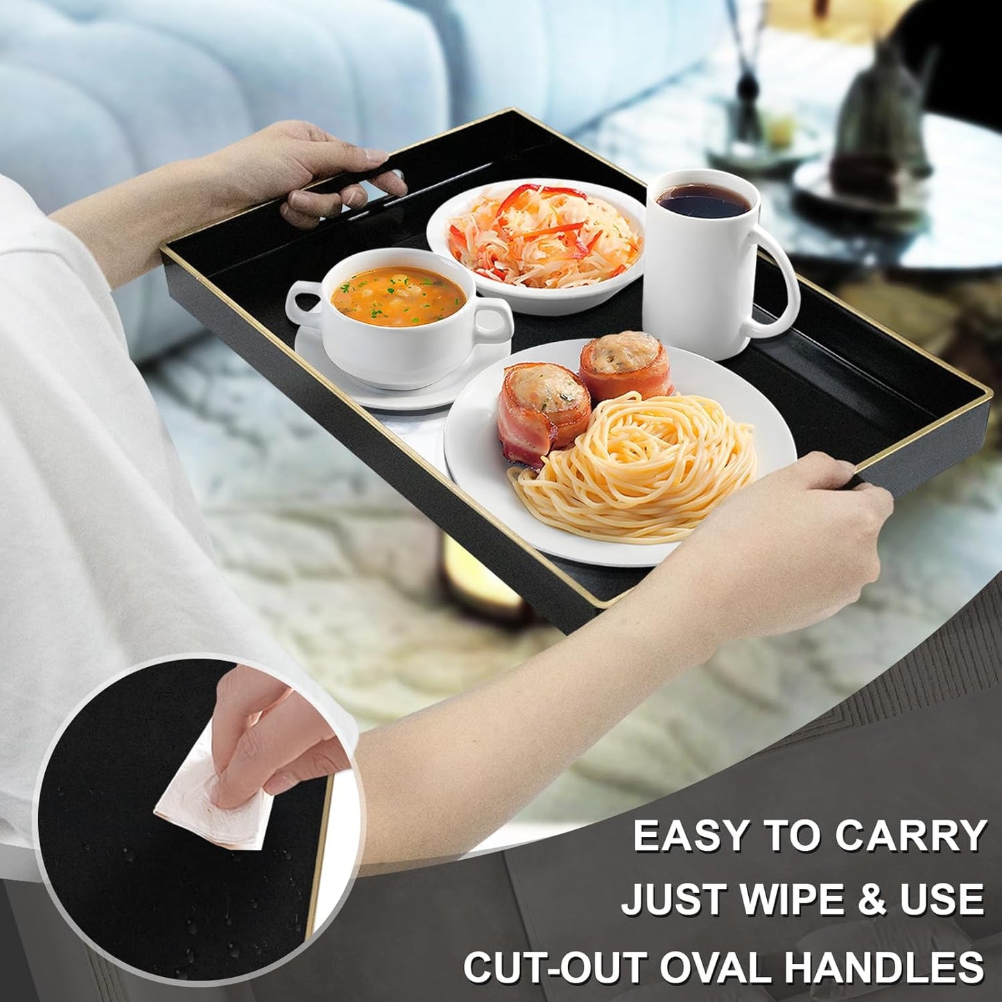 Luxury Black Coffee Table Tray with Handles – Resin-Coated Decorative Ottoman Tray for Living Room & Dining Area