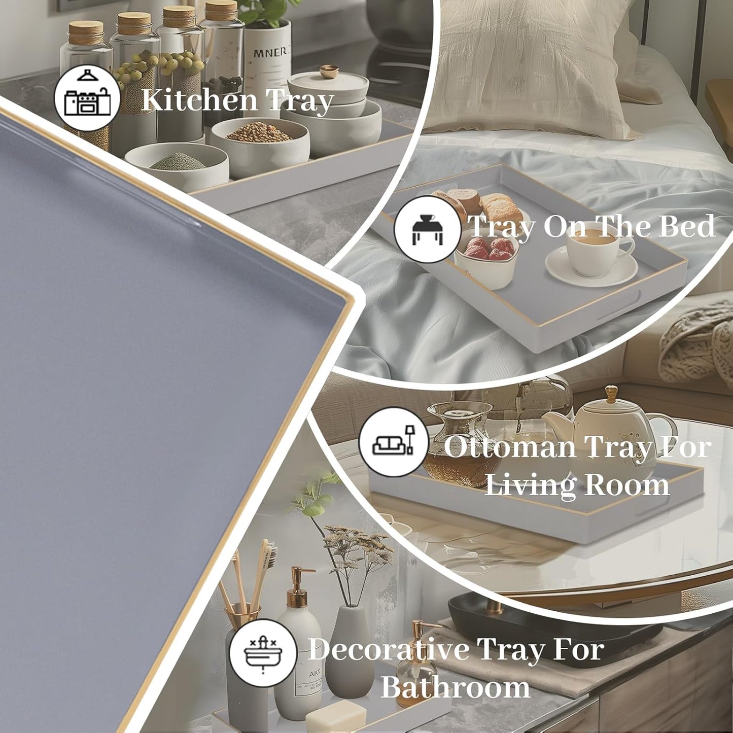 Grey Decorative Resin-Coated Serving Tray with Handles – Elegant Coffee Table Tray for Ottoman, Living Room & Home Décor