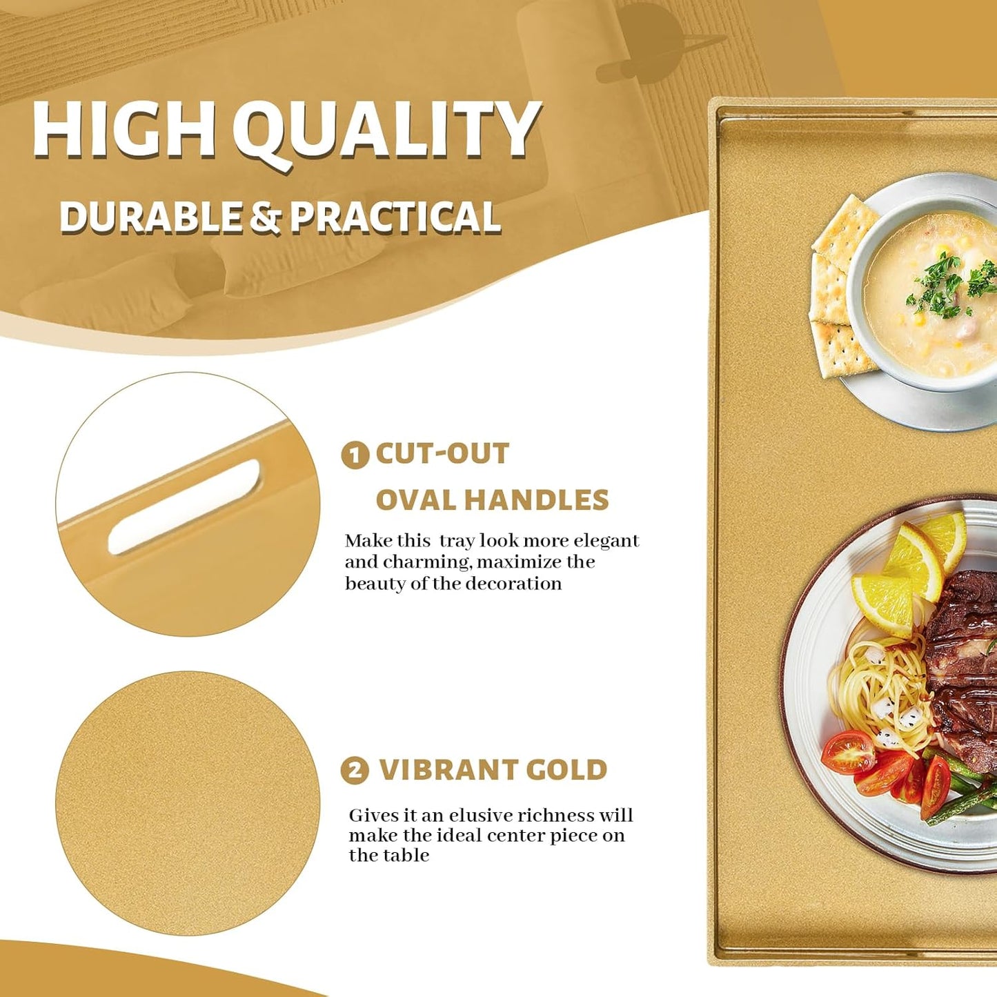 Gold Decorative Resin-Coated Serving Tray with Handles – Luxury Coffee Table Tray for Ottoman, Living Room & Home Décor
