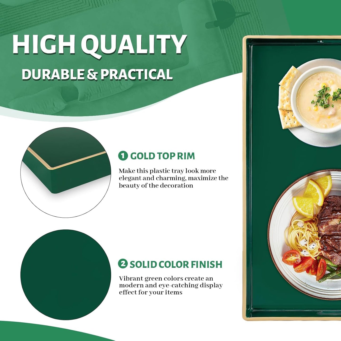 Green Decorative Resin Tray with Handles – Luxury Serving & Display Tray for Living Room, Kitchen & Office