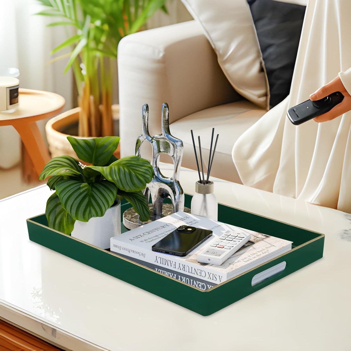 Mint Green Decorative Resin-Coated Serving Tray with Handles – Elegant Coffee Table Tray for Ottoman, Living Room & Home Décor