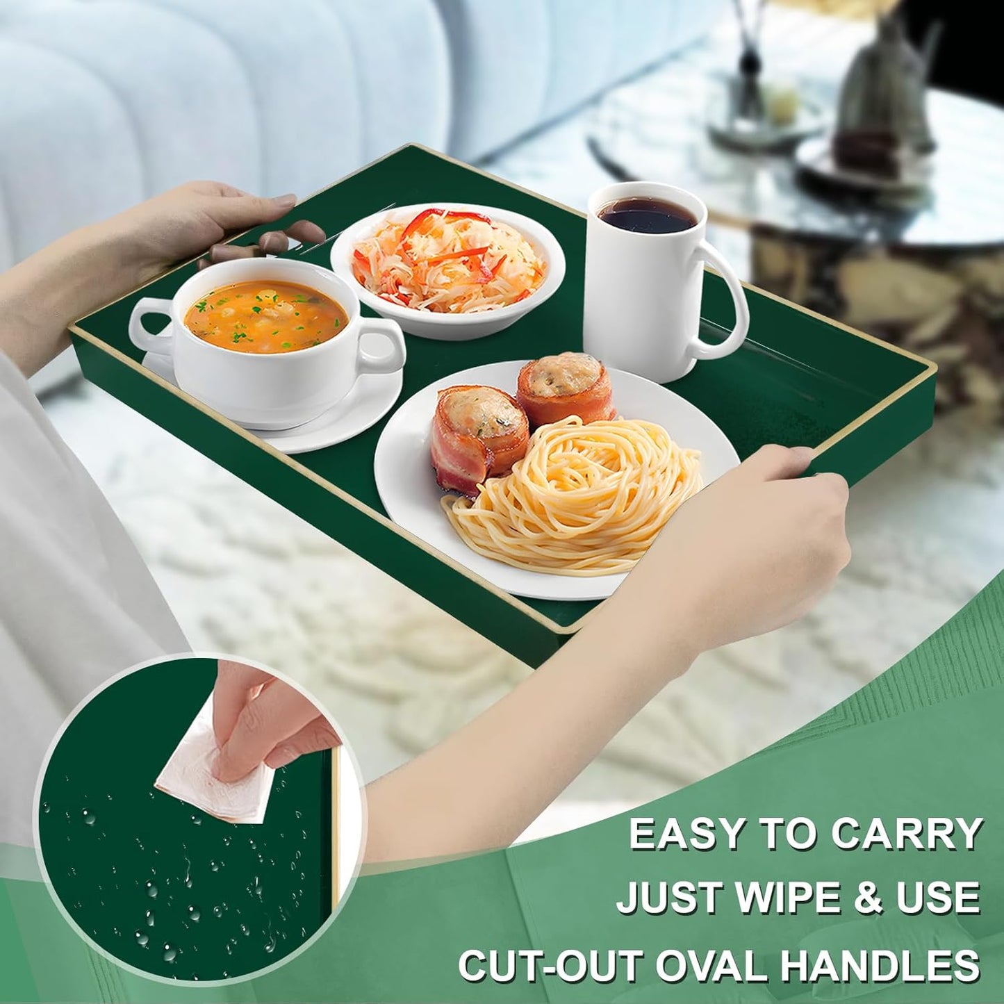 Green Decorative Resin Tray with Handles – Luxury Serving & Display Tray for Living Room, Kitchen & Office