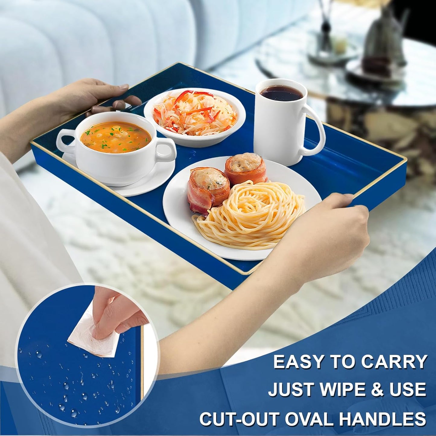 Blue Resin-Coated Decorative Serving Tray with Handles – Elegant Coffee Table Tray for Ottoman, Living Room, Home Décor