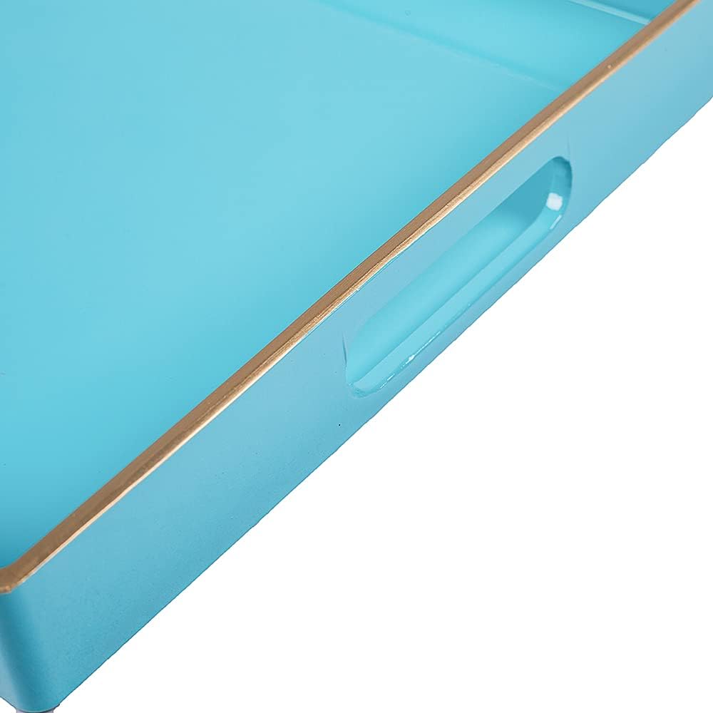 Light Blue Decorative Resin-Coated Serving Tray with Handles – Elegant Coffee Table Tray for Ottoman, Living Room & Home Décor