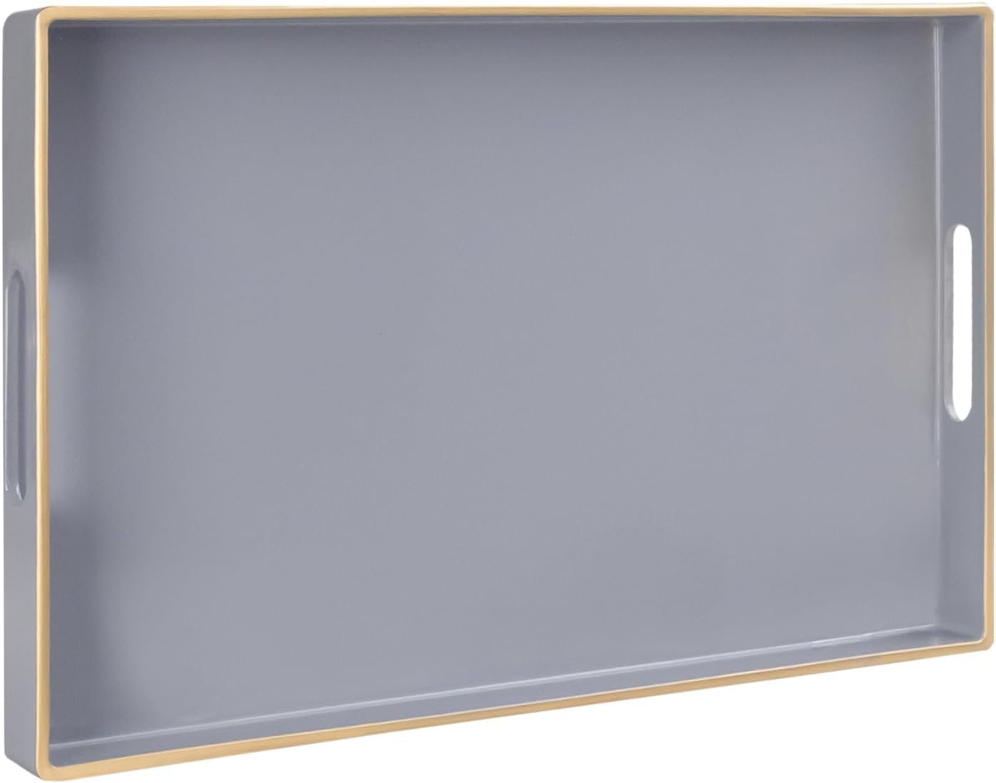 Grey Decorative Resin-Coated Serving Tray with Handles – Elegant Coffee Table Tray for Ottoman, Living Room & Home Décor