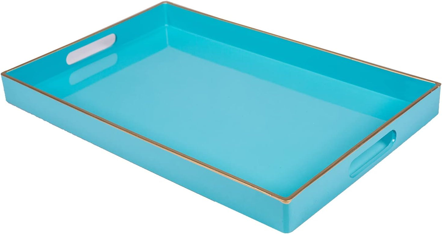 Light Blue Decorative Resin-Coated Serving Tray with Handles – Elegant Coffee Table Tray for Ottoman, Living Room & Home Décor