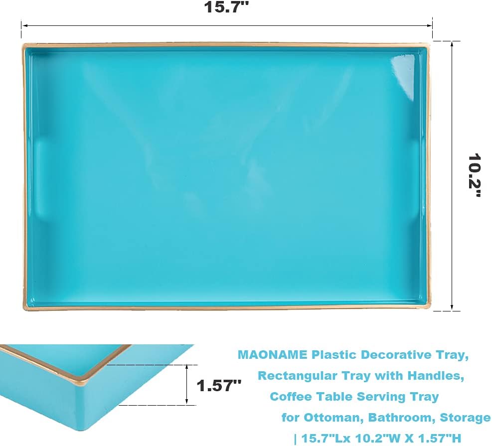 Light Blue Decorative Resin-Coated Serving Tray with Handles – Elegant Coffee Table Tray for Ottoman, Living Room & Home Décor