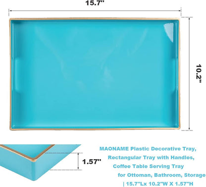 Light Blue Decorative Resin-Coated Serving Tray with Handles – Elegant Coffee Table Tray for Ottoman, Living Room & Home Décor