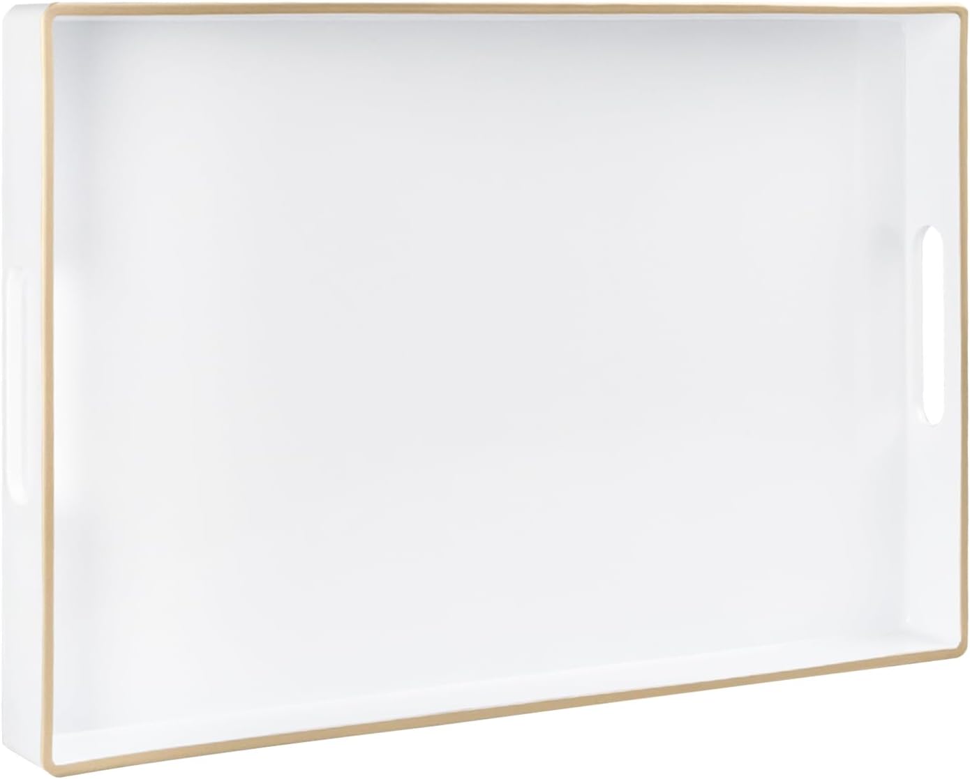 White Decorative Serving Tray with Handles – Elegant Resin-Coated Coffee Table Tray for Ottoman, Living Room & Home Décor