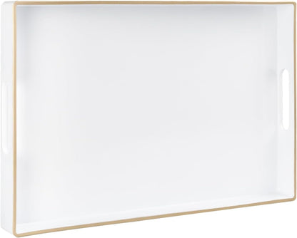 White Decorative Serving Tray with Handles – Elegant Resin-Coated Coffee Table Tray for Ottoman, Living Room & Home Décor