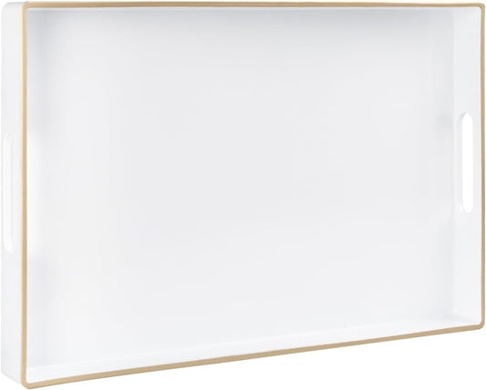 White Decorative Serving Tray with Handles – Elegant Resin-Coated Coffee Table Tray for Ottoman, Living Room & Home Décor