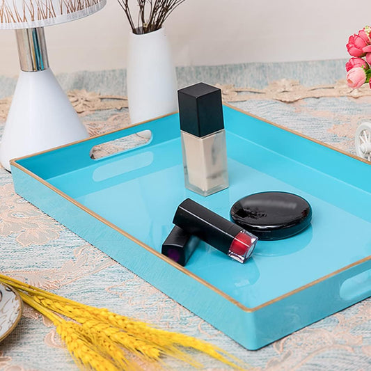 Light Blue Decorative Resin-Coated Serving Tray with Handles – Elegant Coffee Table Tray for Ottoman, Living Room & Home Décor