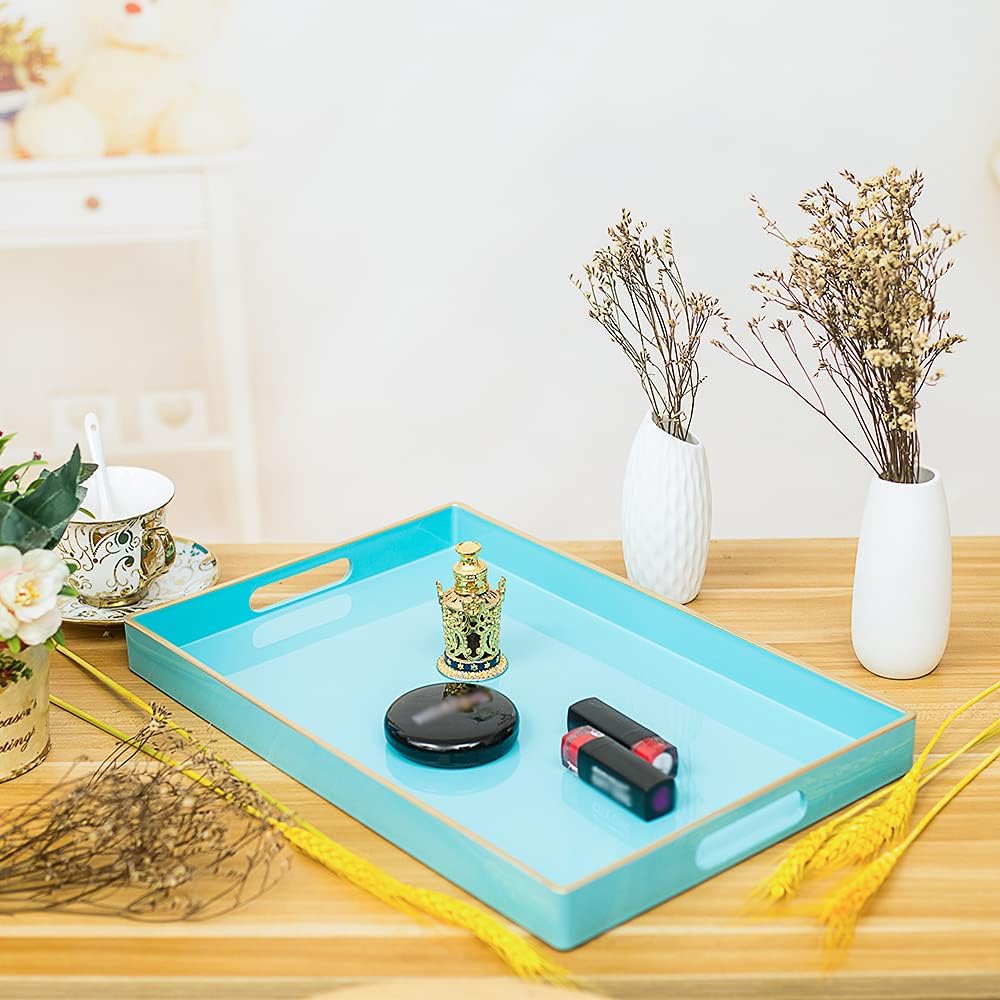 Light Blue Decorative Resin-Coated Serving Tray with Handles – Elegant Coffee Table Tray for Ottoman, Living Room & Home Décor