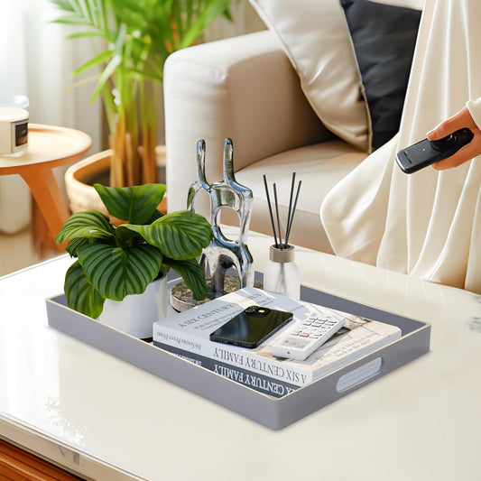 Grey Decorative Resin-Coated Serving Tray with Handles – Elegant Coffee Table Tray for Ottoman, Living Room & Home Décor