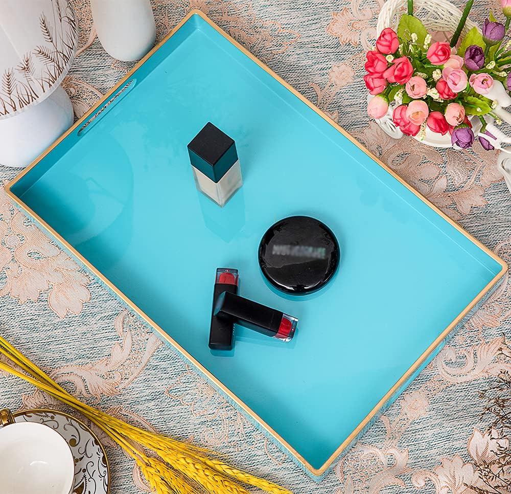 Mint Green Decorative Resin-Coated Serving Tray with Handles – Elegant Coffee Table Tray for Ottoman, Living Room & Home Décor