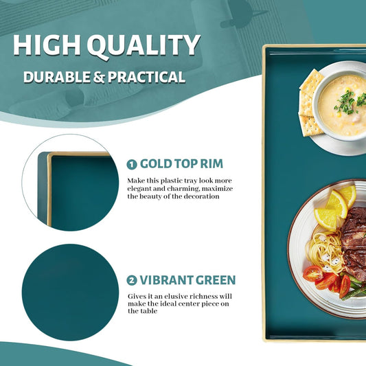 Dark Green Decorative Resin-Coated Serving Tray with Handles – Elegant Coffee Table Tray for Ottoman, Living Room & Home Décor