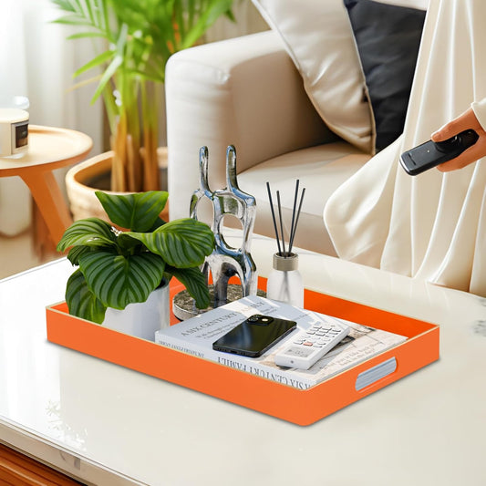 Orange Glossy Resin Serving Tray with Handles – Luxury Coffee Table Tray for Ottoman, Home, and Office Décor