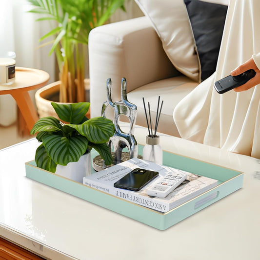 Mint Green Decorative Resin-Coated Serving Tray with Handles – Elegant Coffee Table Tray for Ottoman, Living Room & Home Décor