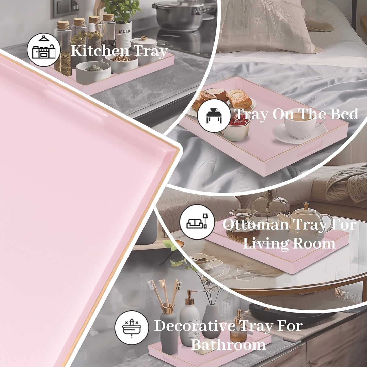 Pink Decorative Resin-Coated Serving Tray with Handles – Elegant Coffee Table Tray for Ottoman, Living Room & Home Décorin Serving Tray with Handles – Luxury Coffee Table Tray for Ottoman, Home, and Office Décor