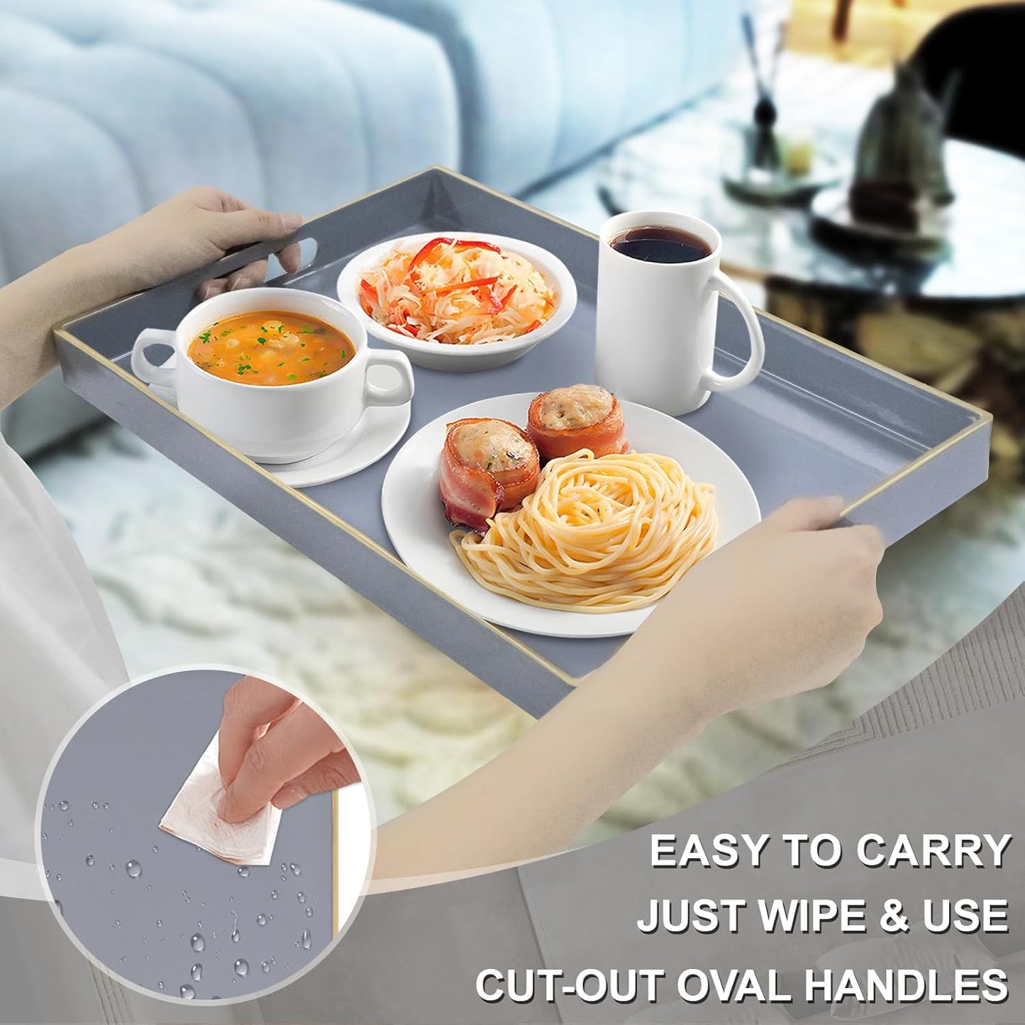 Grey Decorative Resin-Coated Serving Tray with Handles – Elegant Coffee Table Tray for Ottoman, Living Room & Home Décor