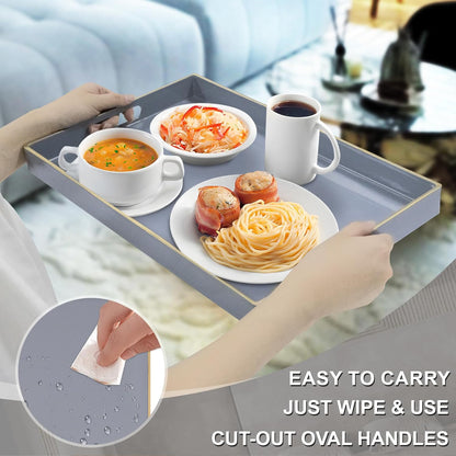 Grey Decorative Resin-Coated Serving Tray with Handles – Elegant Coffee Table Tray for Ottoman, Living Room & Home Décor