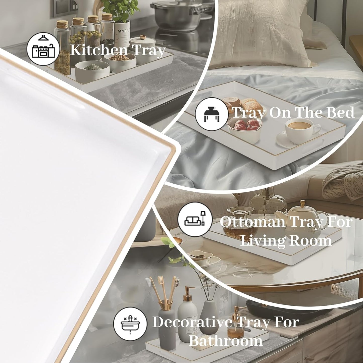 White Decorative Serving Tray with Handles – Elegant Resin-Coated Coffee Table Tray for Ottoman, Living Room & Home Décor