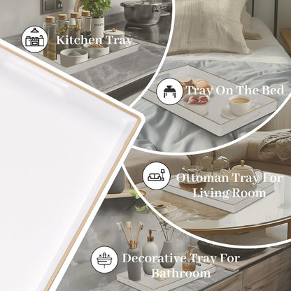 White Decorative Serving Tray with Handles – Elegant Resin-Coated Coffee Table Tray for Ottoman, Living Room & Home Décor
