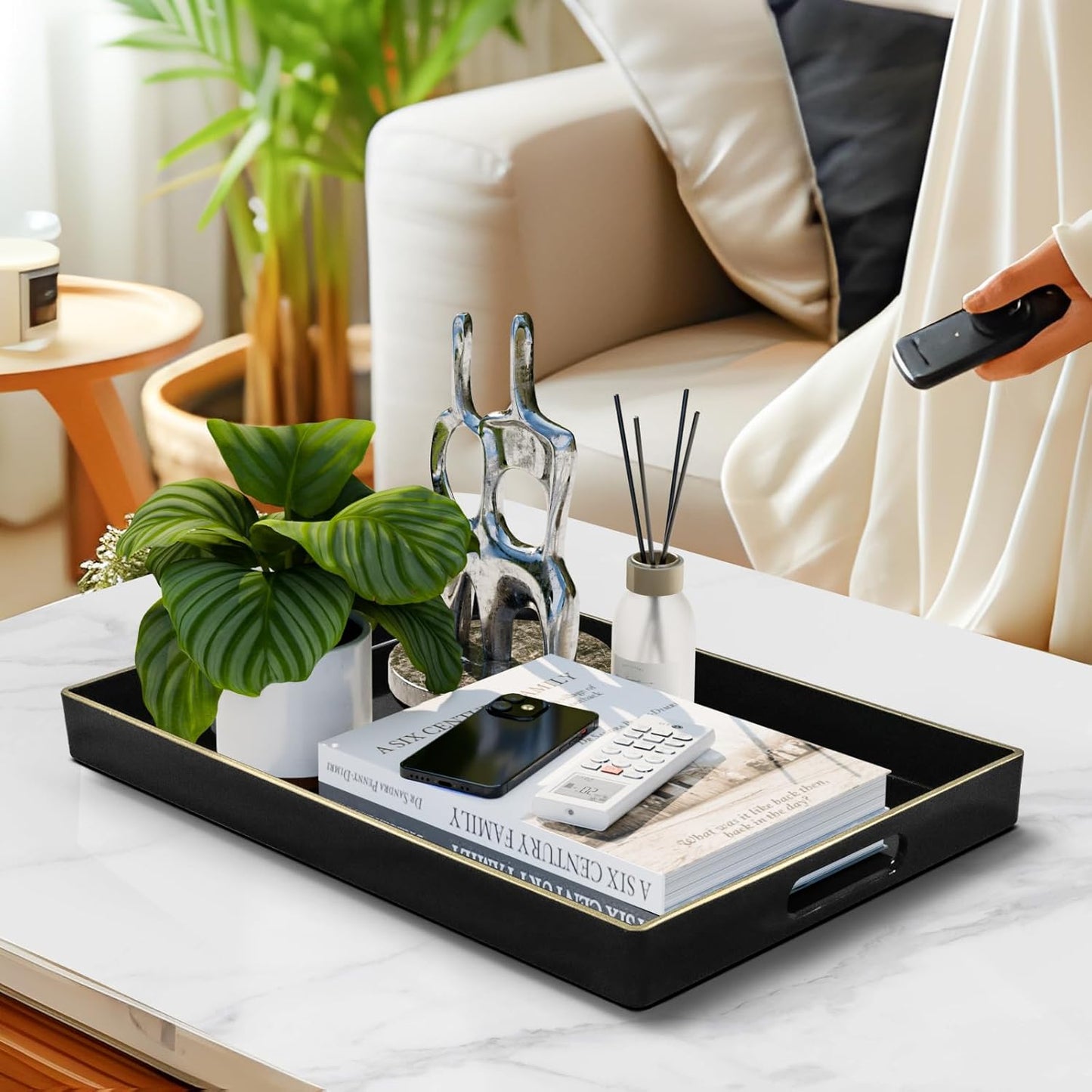 Mint Green Decorative Resin-Coated Serving Tray with Handles – Elegant Coffee Table Tray for Ottoman, Living Room & Home Décor