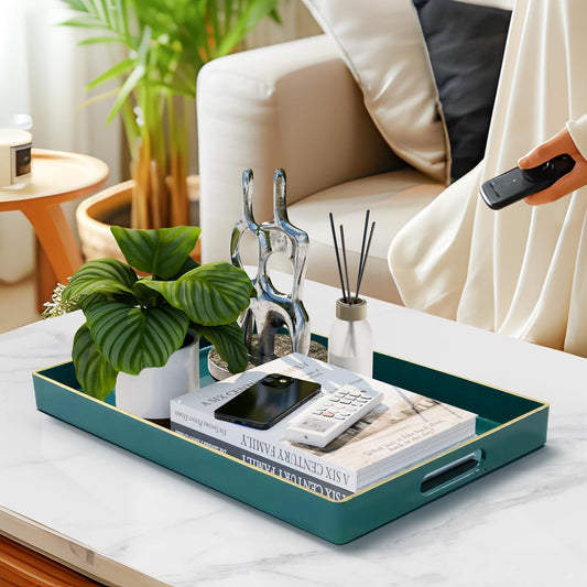 Dark Green Decorative Resin-Coated Serving Tray with Handles – Elegant Coffee Table Tray for Ottoman, Living Room & Home Décor