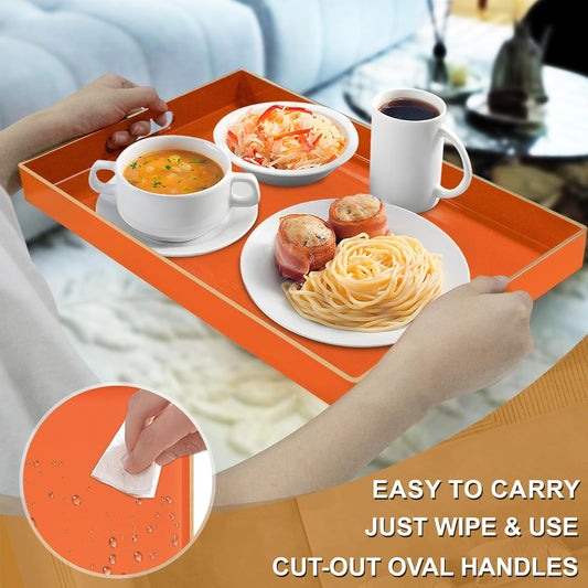 Orange Glossy Resin Serving Tray with Handles – Luxury Coffee Table Tray for Ottoman, Home, and Office Décor