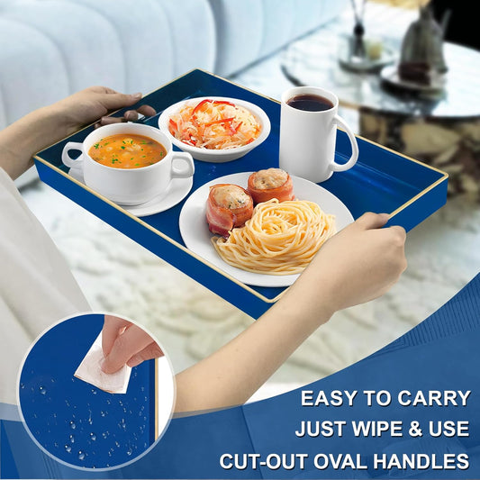 Blue Resin-Coated Decorative Serving Tray with Handles – Elegant Coffee Table Tray for Ottoman, Living Room, Home Décor