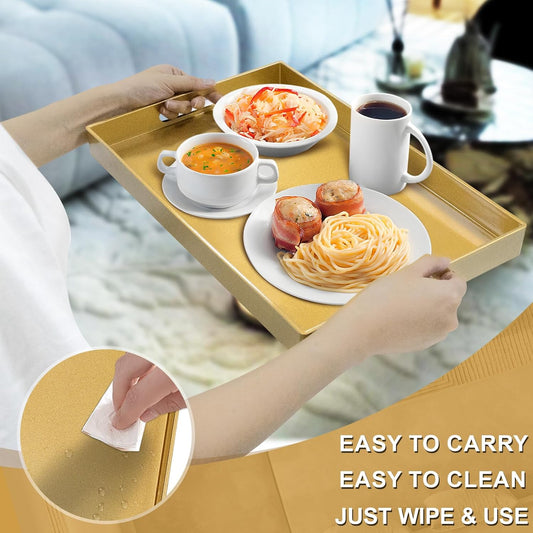 Gold Decorative Resin-Coated Serving Tray with Handles – Luxury Coffee Table Tray for Ottoman, Living Room & Home Décor