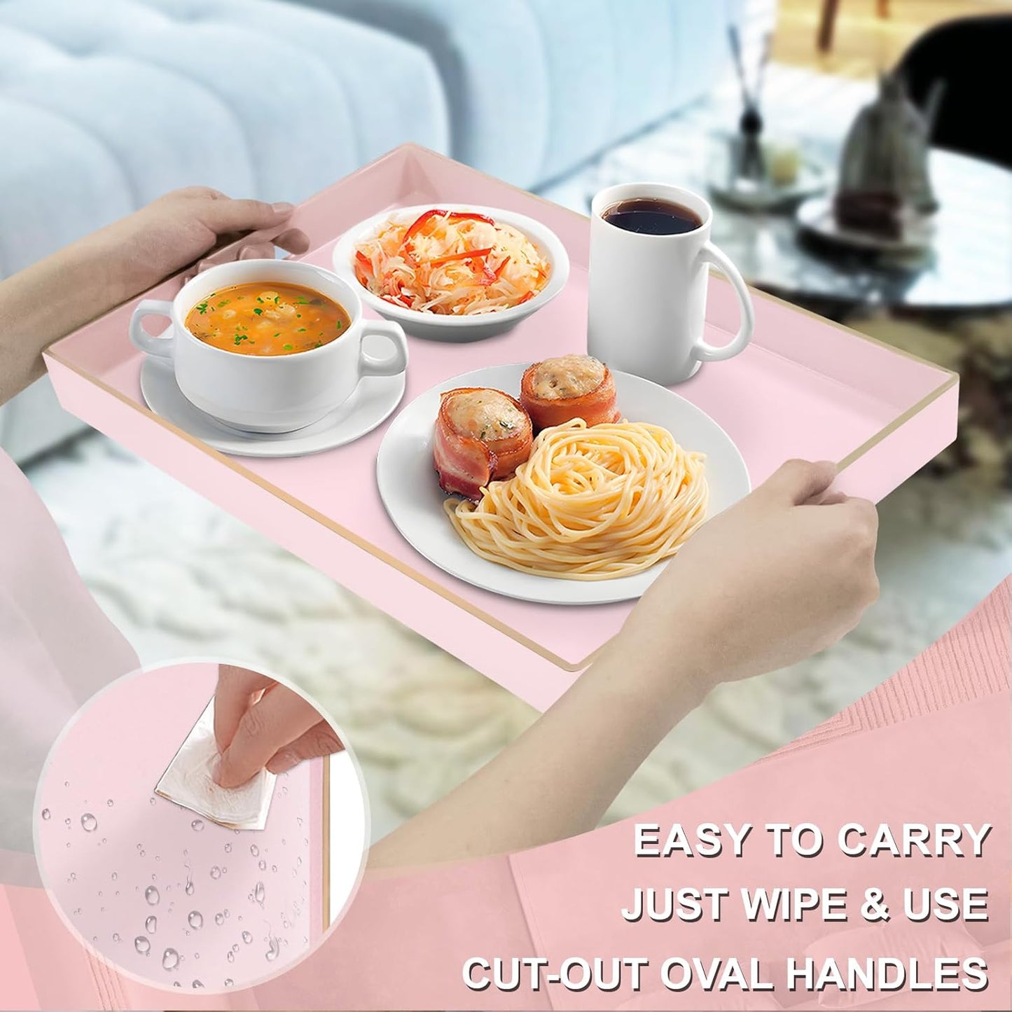 Pink Decorative Resin-Coated Serving Tray with Handles – Elegant Coffee Table Tray for Ottoman, Living Room & Home Décorin Serving Tray with Handles – Luxury Coffee Table Tray for Ottoman, Home, and Office Décor
