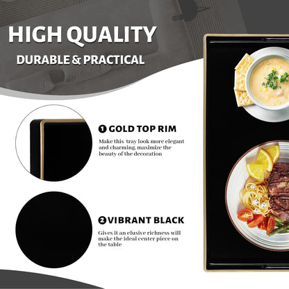 Luxury Black Coffee Table Tray with Handles – Resin-Coated Decorative Ottoman Tray for Living Room & Dining Area
