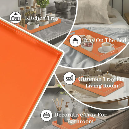 Orange Glossy Resin Serving Tray with Handles – Luxury Coffee Table Tray for Ottoman, Home, and Office Décor