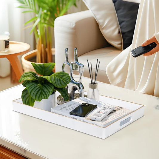 White Decorative Serving Tray with Handles – Elegant Resin-Coated Coffee Table Tray for Ottoman, Living Room & Home Décor