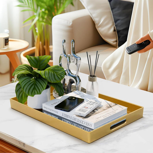 Gold Decorative Resin-Coated Serving Tray with Handles – Luxury Coffee Table Tray for Ottoman, Living Room & Home Décor