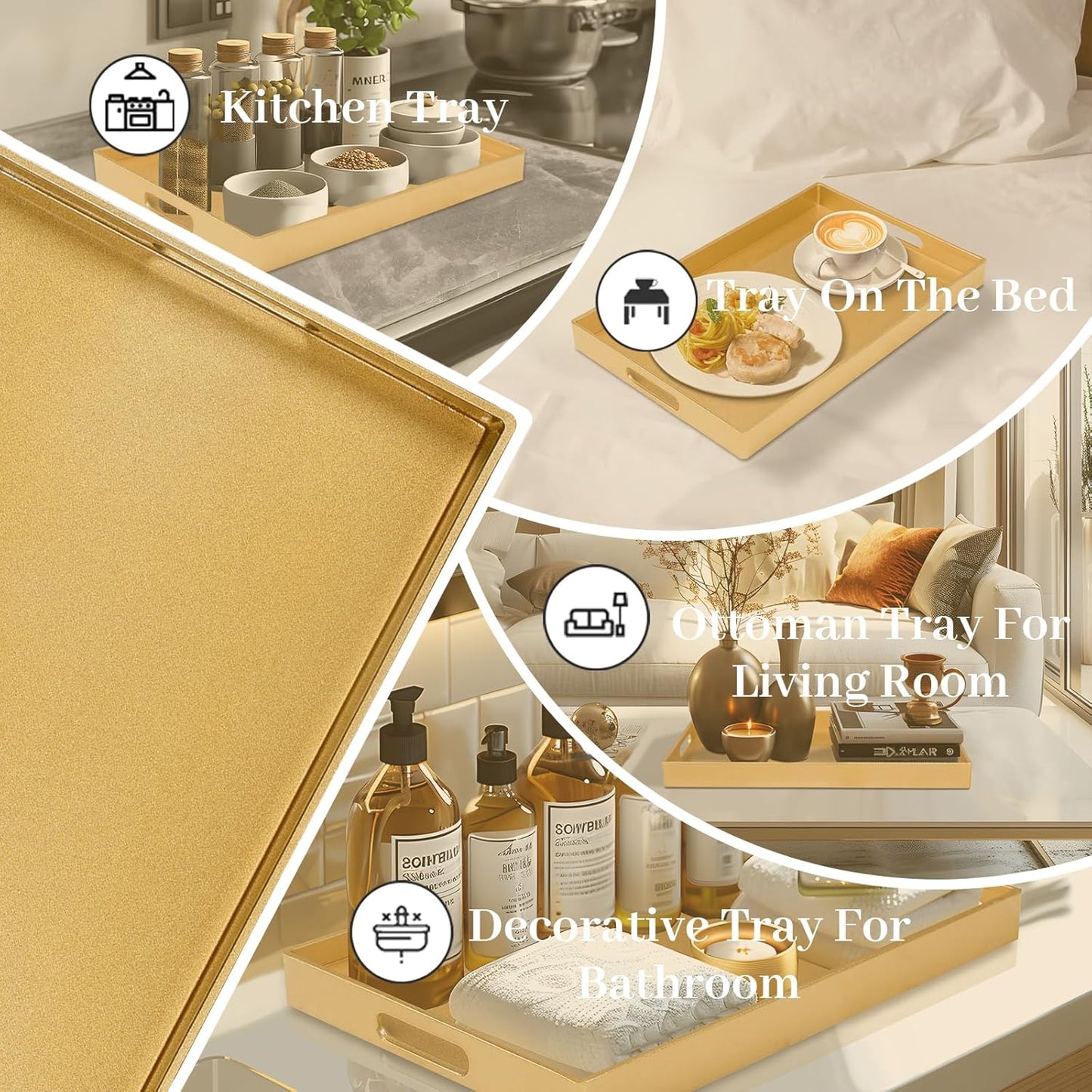Gold Decorative Resin-Coated Serving Tray with Handles – Luxury Coffee Table Tray for Ottoman, Living Room & Home Décor