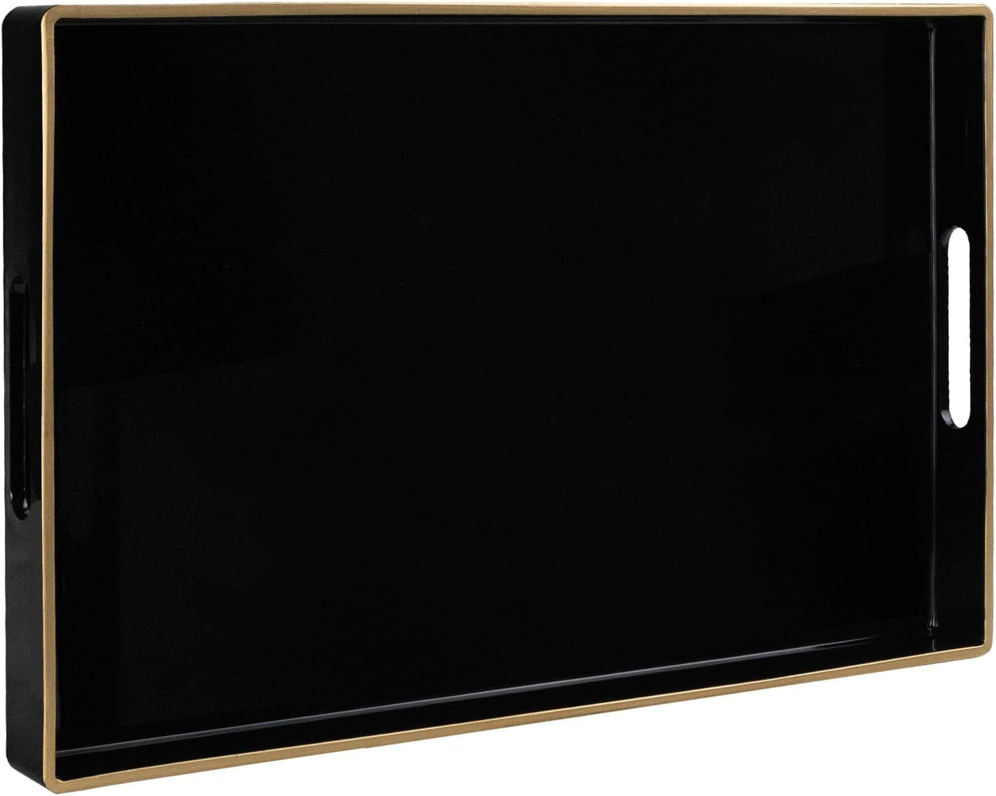 Luxury Black Coffee Table Tray with Handles – Resin-Coated Decorative Ottoman Tray for Living Room & Dining Area